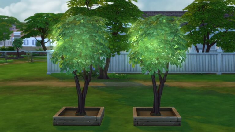 A screenshot from The Sims 4 showing two grow fruit trees