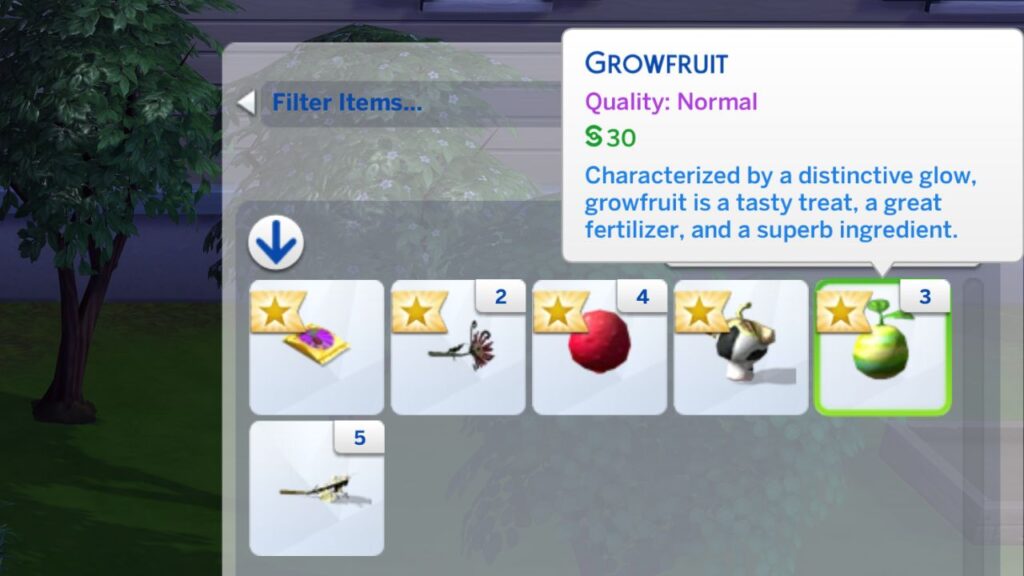 A screenshot from The Sims 4 showing getting a growfruit from rare seeds