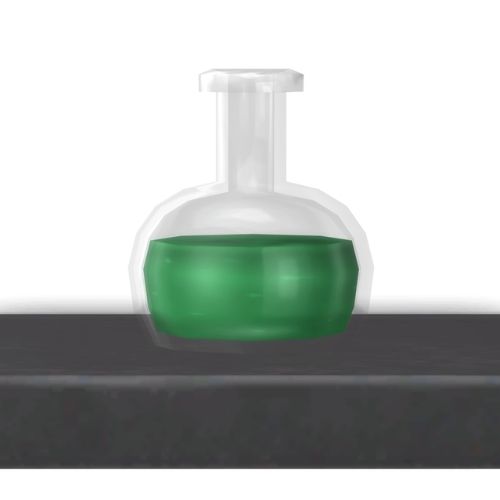 A screenshot from The Sims 4 showing a dark wooden shelf with a happy emotion potion on top