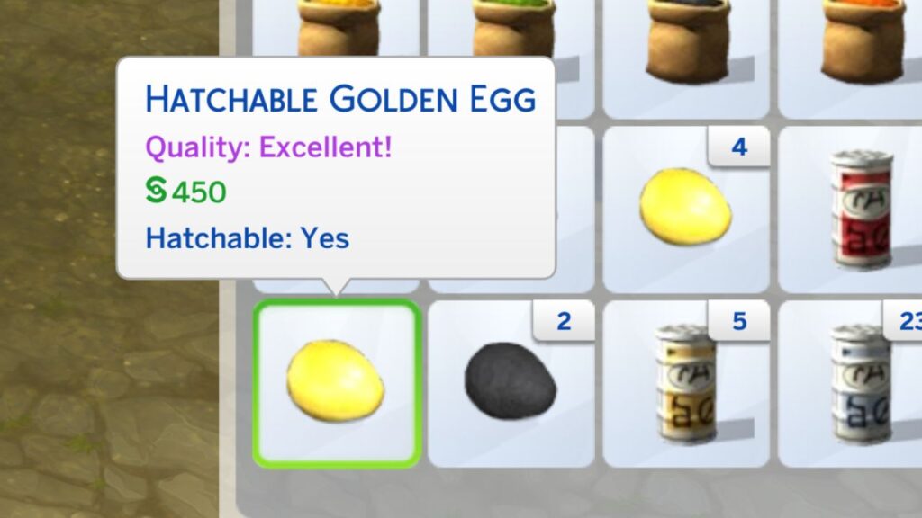 A screenshot from The Sims 4 showing a hatchable golden egg in a sim's inventory