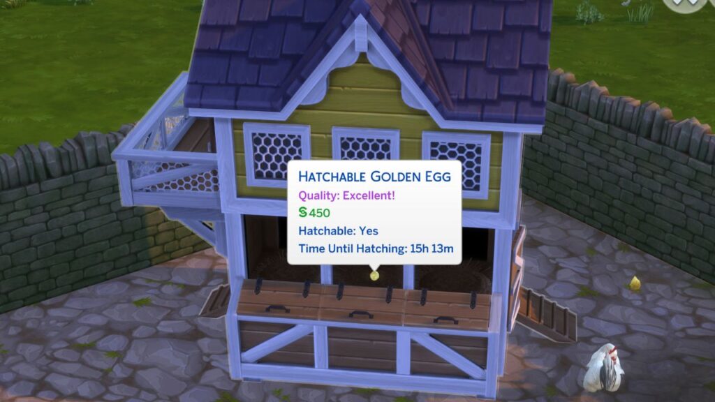 A screenshot from The Sims 4 showing a hatchable golden egg in a chicken coop