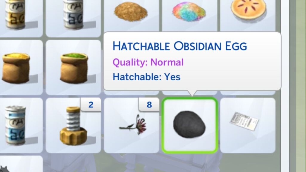A screenshot from The Sims 4 showing a hatchable obsidian egg in a sim's inventory