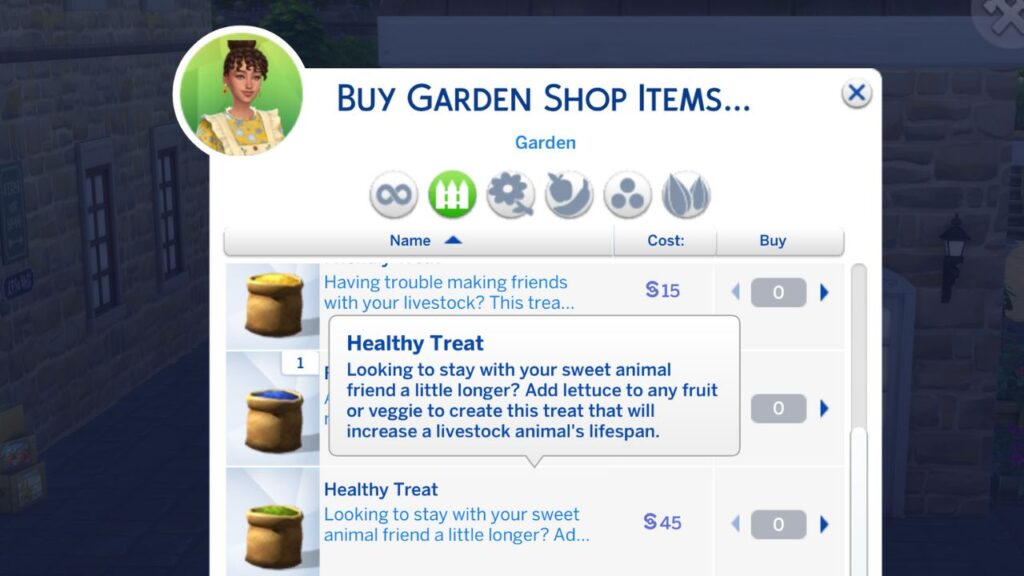 A screenshot from The Sims 4 showing how to buy a heaalthy treat from the garden shop