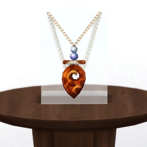 A screenshot from The Sims 4 showing a brown table with The Heart of Sulani in speckled brown