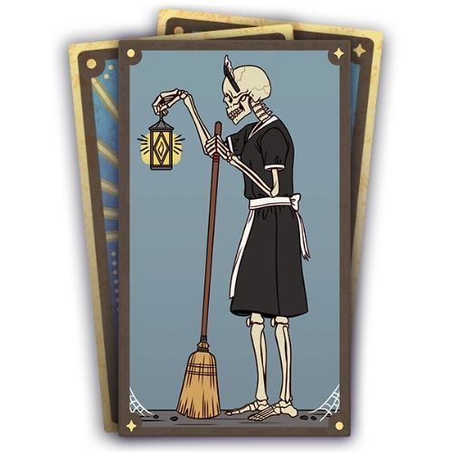 A set of three cards, the bottom two are face down. The top card has Bonehilda holding a lantern and a broom