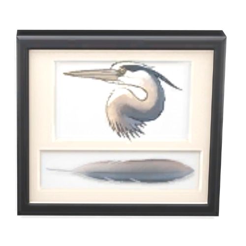 A screenshot from The Sims 4 with a black frame. Inside the frame is a picture of a heron with its feather underneath