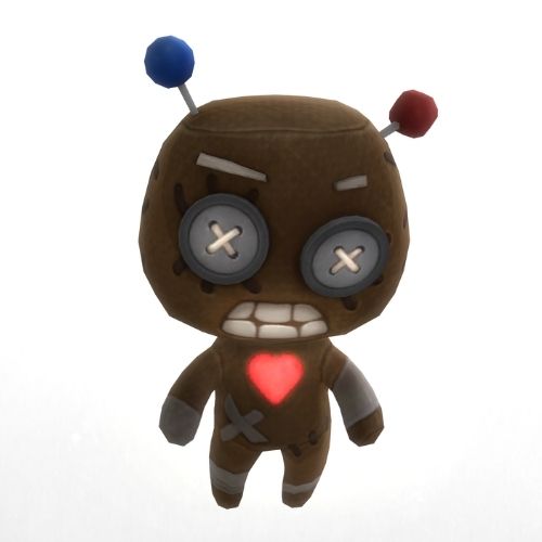 A screenshot from The Sims 4 showing the hex doll familiar with an angry look and a shining heart