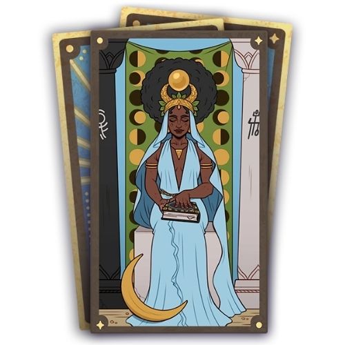 A set of three cards, the bottom two are face down. The top card has a woman in a blue dress holding a book 