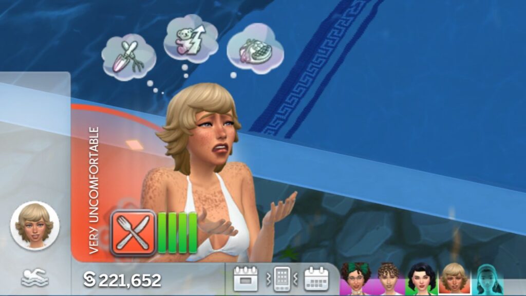 A screenshot from The Sims 4 showing a sim who is very uncomfortable from being hungry 