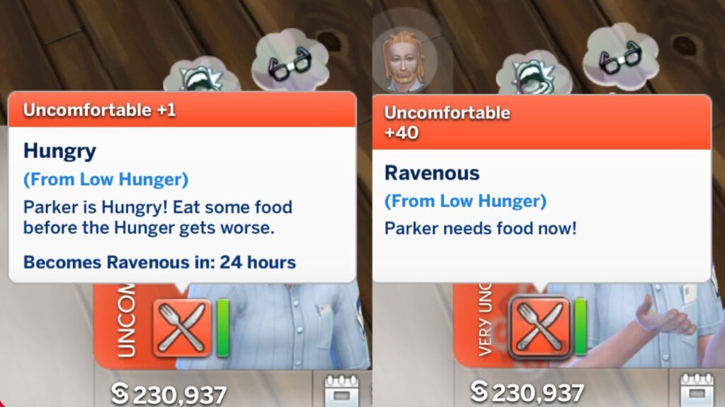 A screenshot from The Sims 4 showing the moodlets you get when a sim is hungry 