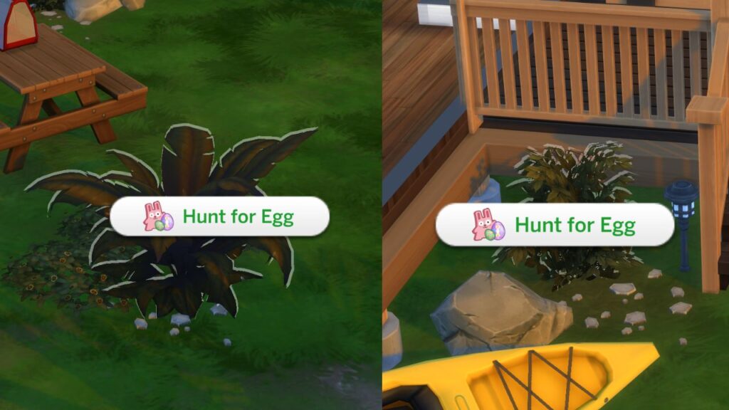 A screenshot from The Sims 4 showing how to hunt for eggs in a sim's yard 