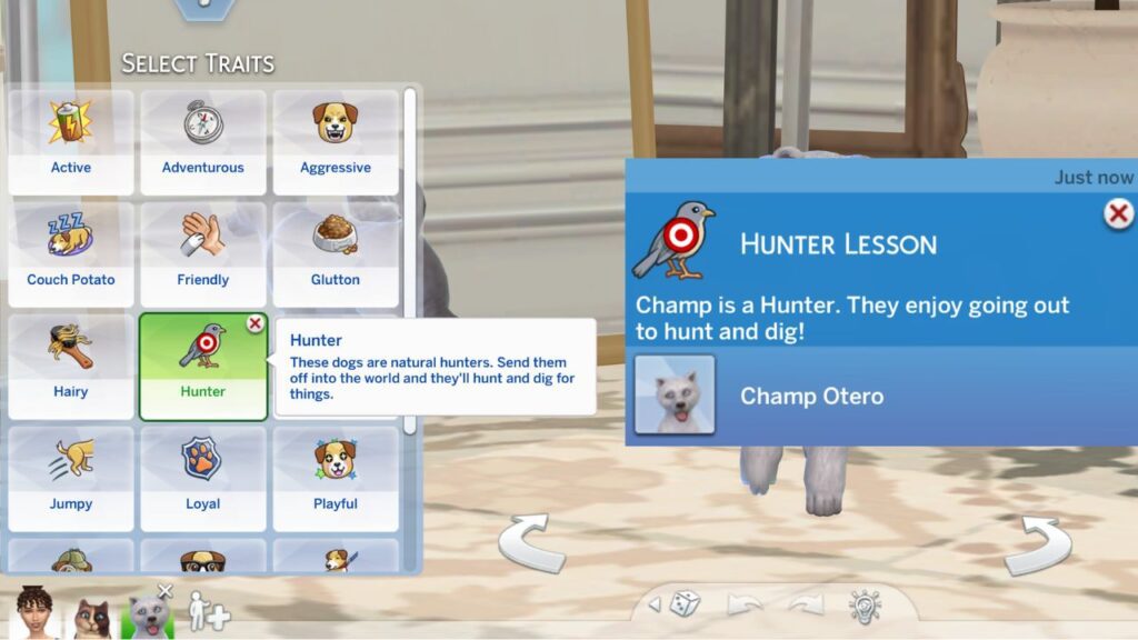 A screenshot from The Sims 4 showing the hunter trait for dogs