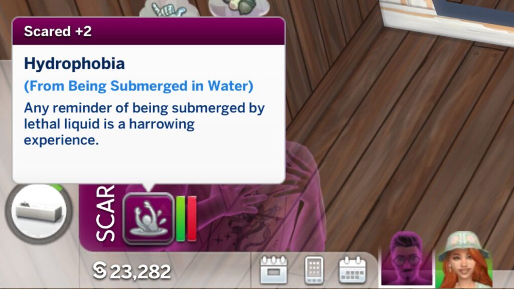 A screenshot from The Sims 4 showing the hydrophobia moodlet 