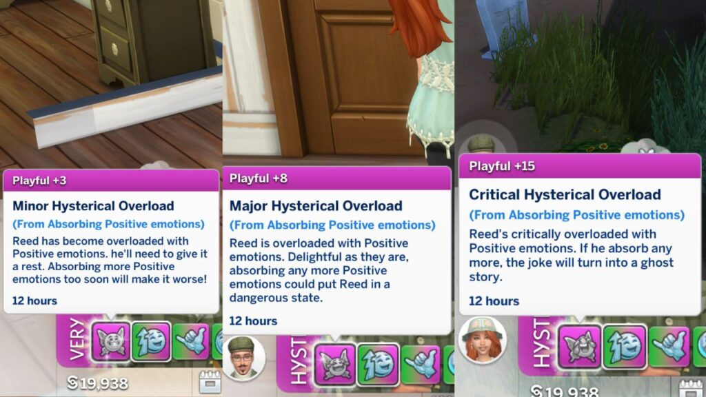 A screenshot from The Sims 4 showing the stages of hysterical overload 
