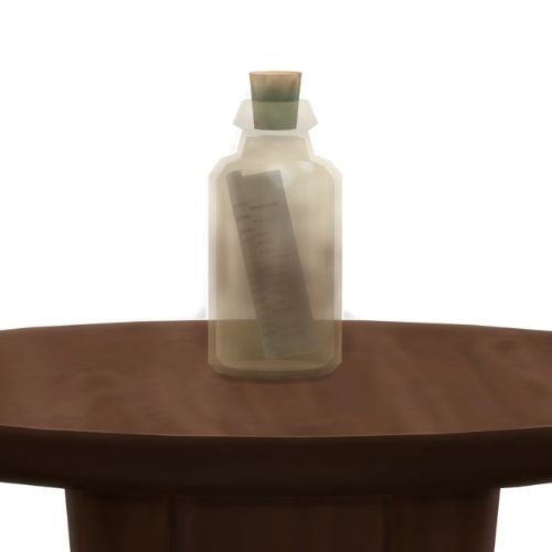 A screenshot from The Sims 4 showing a wooden table with a light brown dirty bottle on top