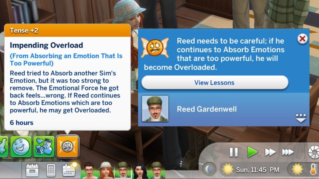 A screenshot from The Sims 4 showing the impending overload moodlet 