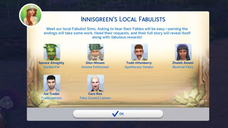 A screenshot from The Sims 4 showing the Innisgreen Fabulists