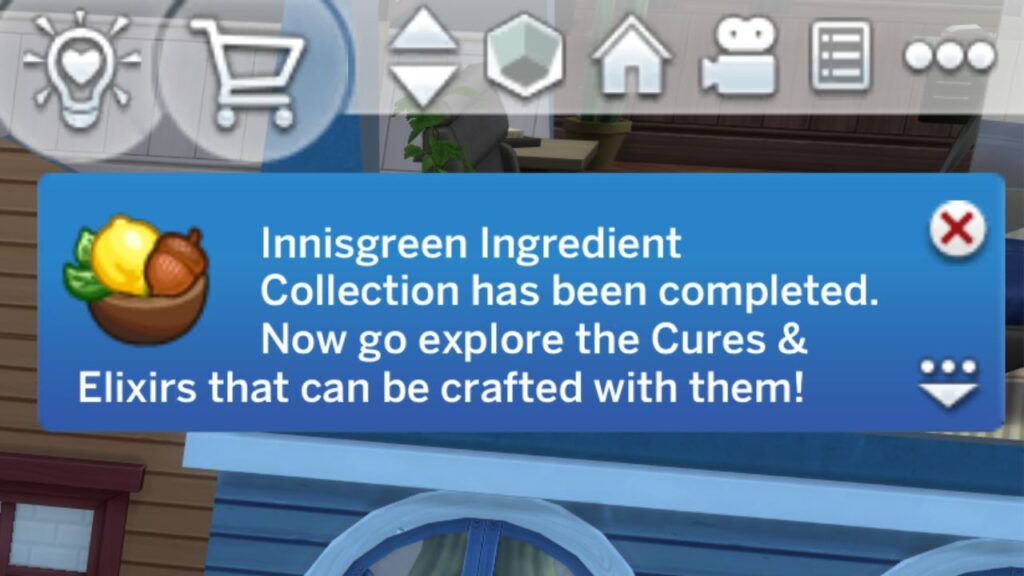 A screenshot from The Sims 4 showing the notification for finishing the innisgreen ingredients collection 