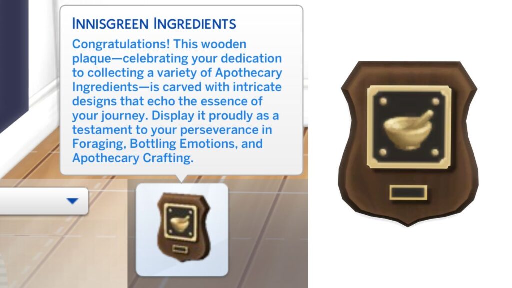 A screenshot from The Sims 4 showing the Innisgreen Ingredients plaque 