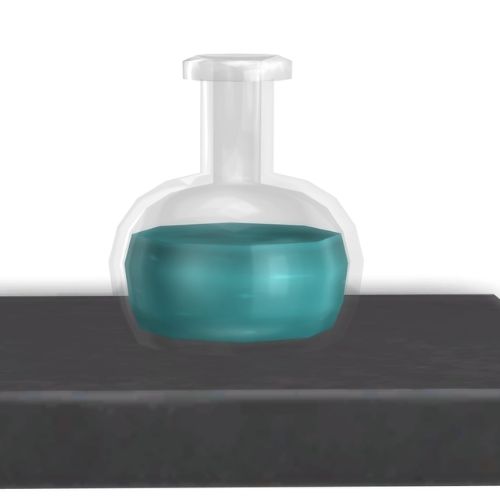 A screenshot from The Sims 4 showing a dark wooden shelf with an inspired emotion potion on top