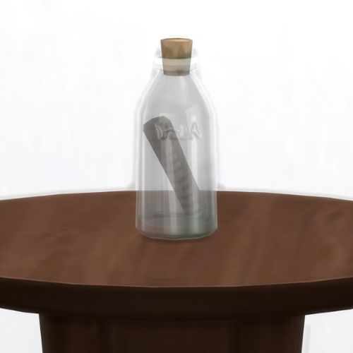 A screenshot from The Sims 4 showing a wooden table with a short clear glass bottle on top