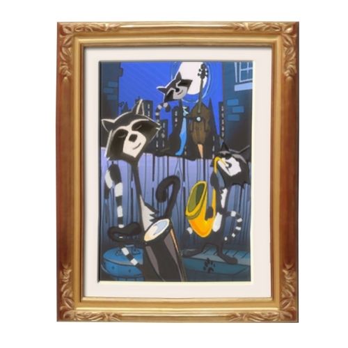 A screenshot from The Sims 4 showing a piece of art with three racoons playing instruments