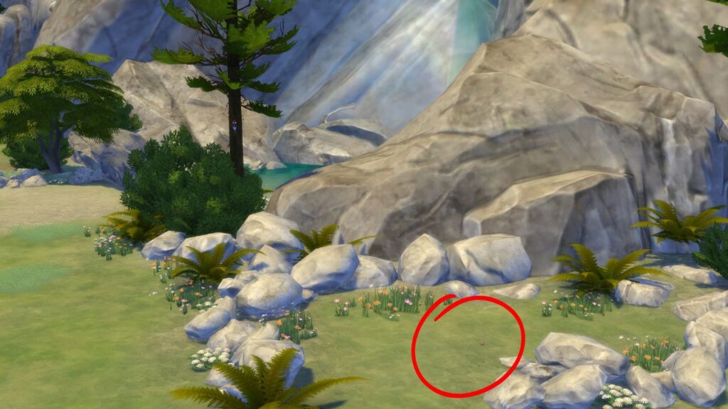 A screenshot from The Sims 4 showing a jewel beetle surrounded by flowers and rocks