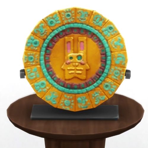 A screenshot from The Sims 4 showing a brown circle table and on top is golden and turquoise plate