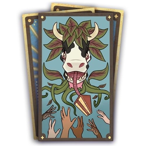 A set of three cards, the bottom two are face down. The top card has a cowplant with cake out of its mouth