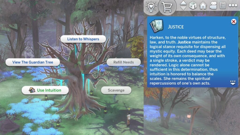 A screenshot from The Sims 4 showing how to uses invitation on the whispering tree to get justice