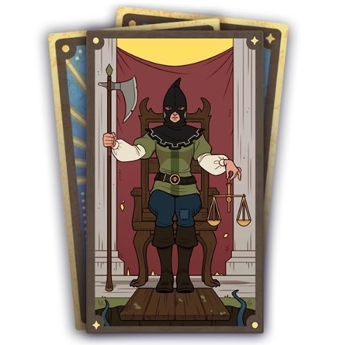 A set of three cards, the bottom two are face down. The top card has a sim sitting in a chair with an axe and scales 