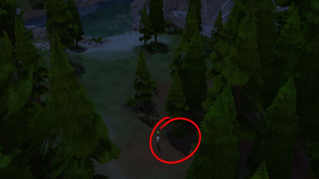 A screenshot from The Sims 4 showing a forest with a bug location circled