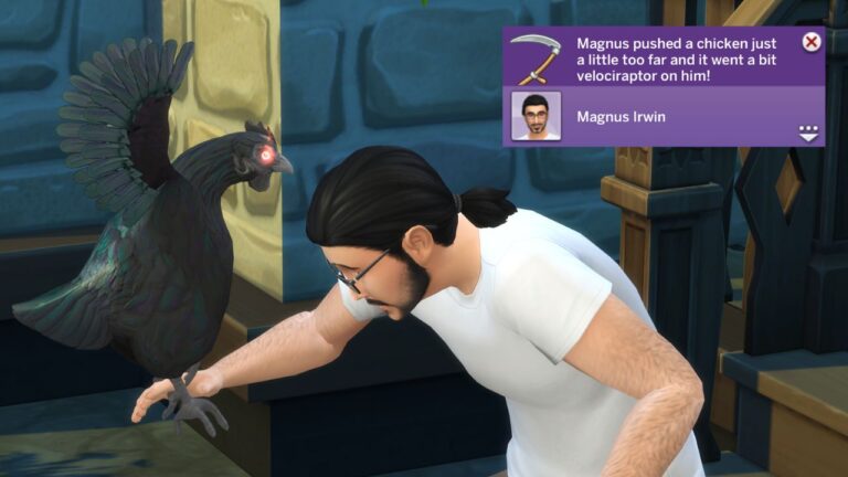 A screenshot from The Sims 4 showing a sim getting attacked by a chicken