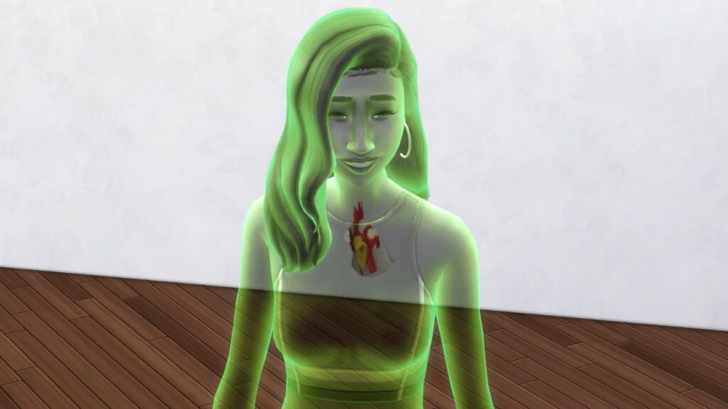 A screenshot from The Sims 4 showing a green ghost with an evil chicken in their chest 