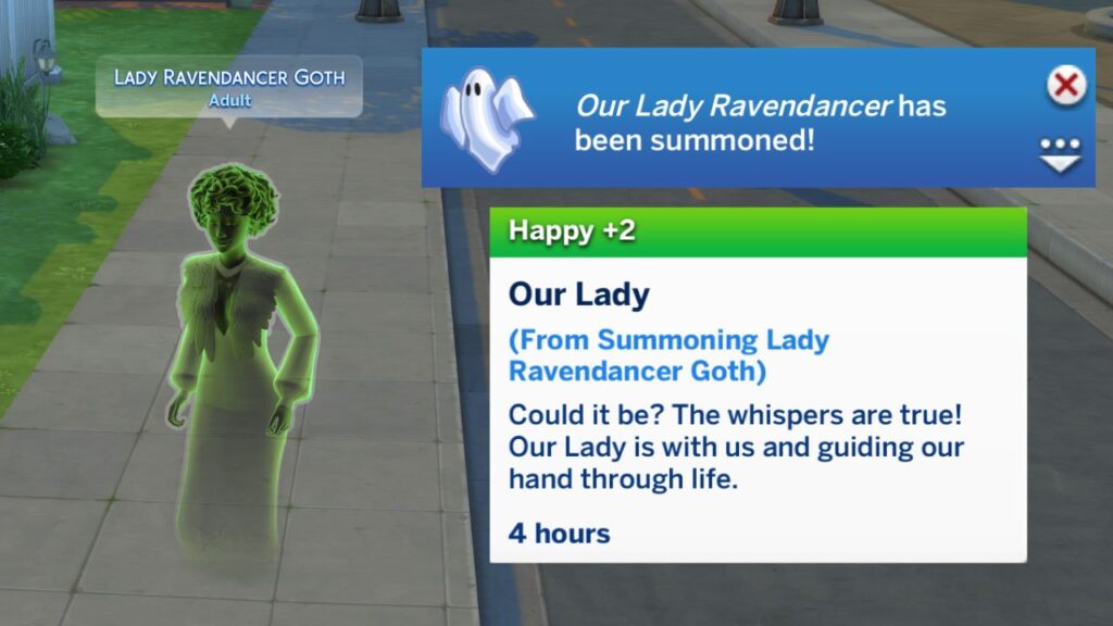 A screenshot from The Sims 4 showing Lady Ravendancer Goth being summoned 