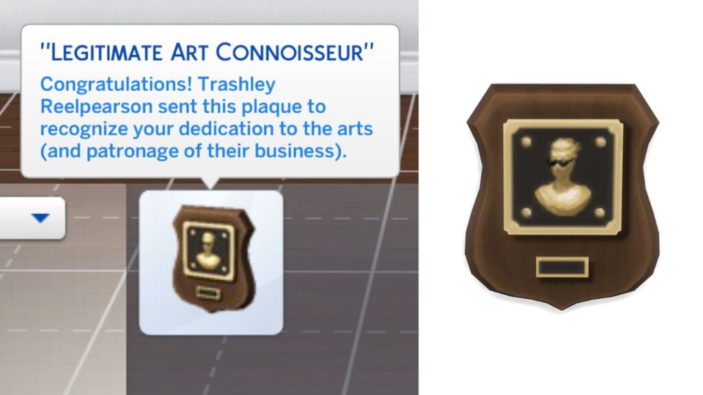 A screenshot from The Sims 4 showing the Legitimate Art Connoisseur plaque