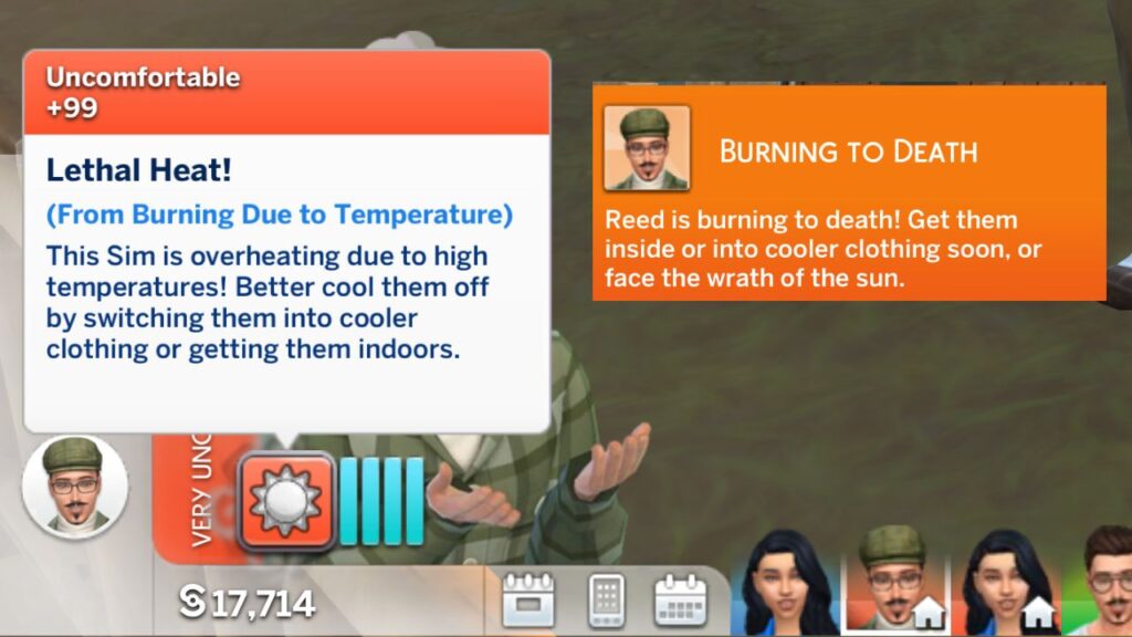 A screenshot from The Sims 4 showing the +99 uncomfortable Lethal heat moodlet and burning to death notification 