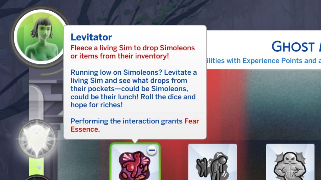 A screenshot from The Sims 4 showing the levitator ghost mastery perk