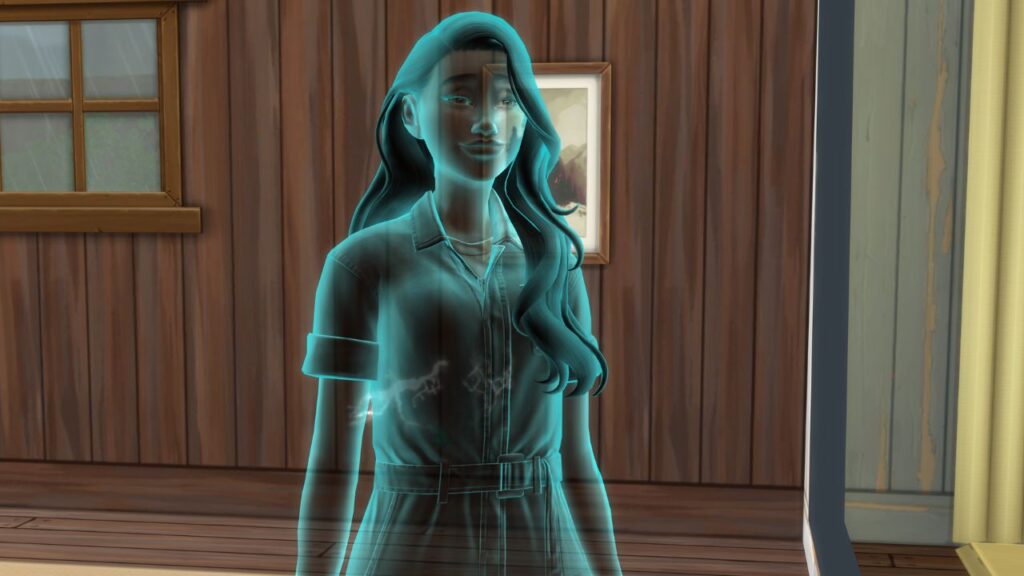 A screenshot from The Sims 4 showing a blue ghost with a lightning strike inside of them 