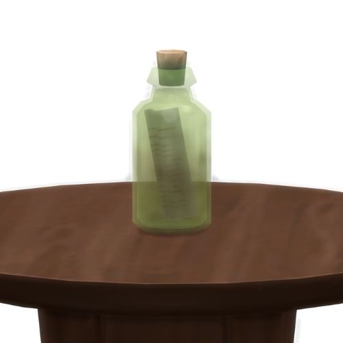 A screenshot from The Sims 4 showing a wooden table with a short green glass bottle on top