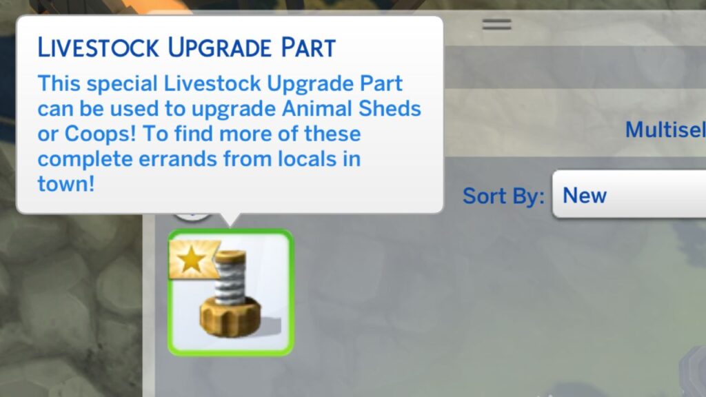 A screenshot from The Sims 4 showing livestock upgrade parts in a sim's inventory