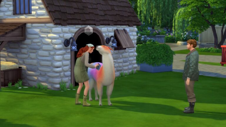 A screenshot from The Sims 4 showing a sim brushing their llama at a competition