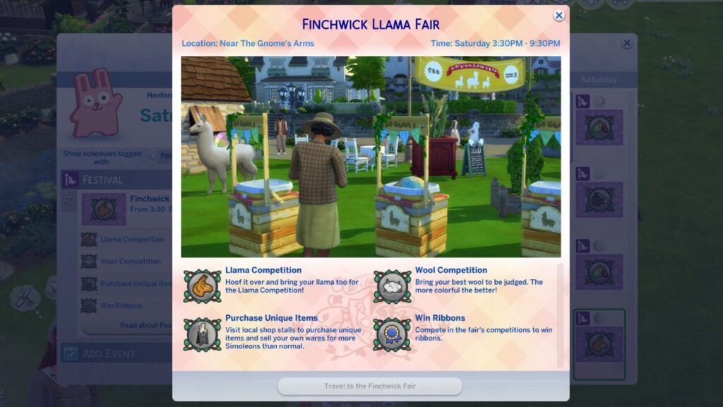 A screenshot from The Sims 4 showing the Finchwick Llama fair information page