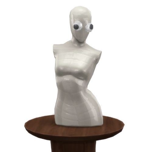 A screenshot from The Sims 4 showing an armless statue on a table with googly eyes