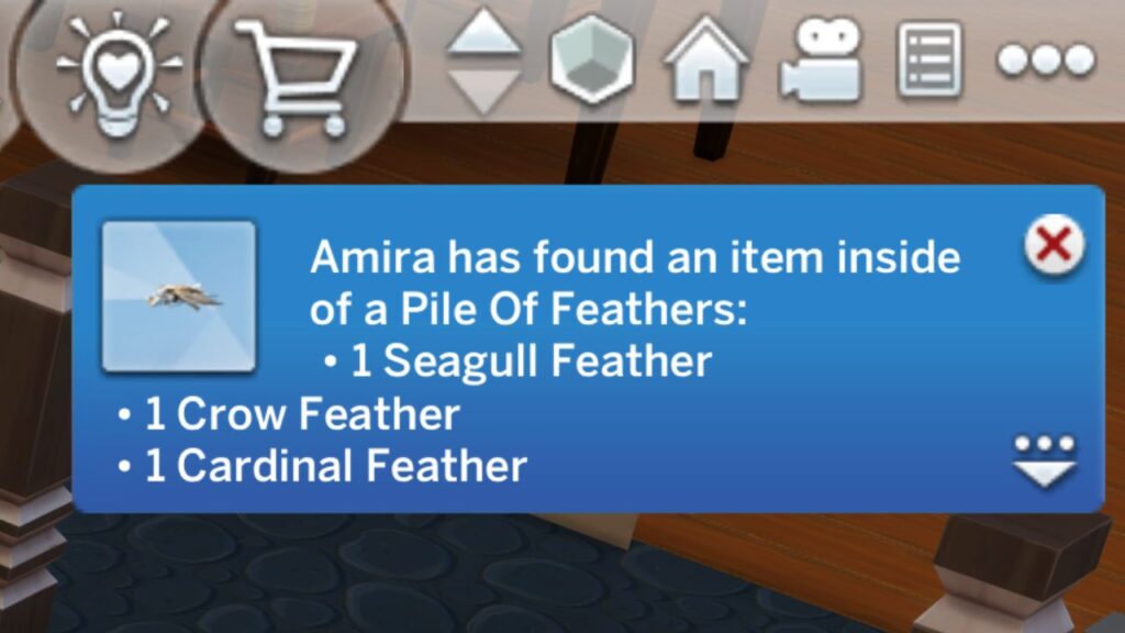 A screenshot from The Sims 4 showing a notification saying a sim has found feathers