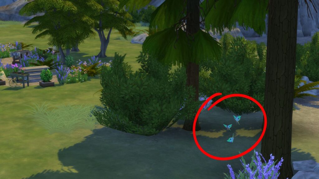 A screenshot from The Sims 4 showing a set of trees with three butterflies circled between some trees