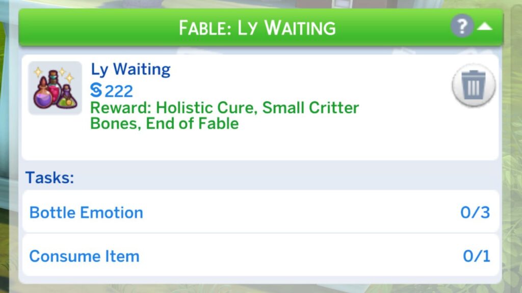 A screenshot from The Sims 4 showing the tasks for the Ly Waiting fable