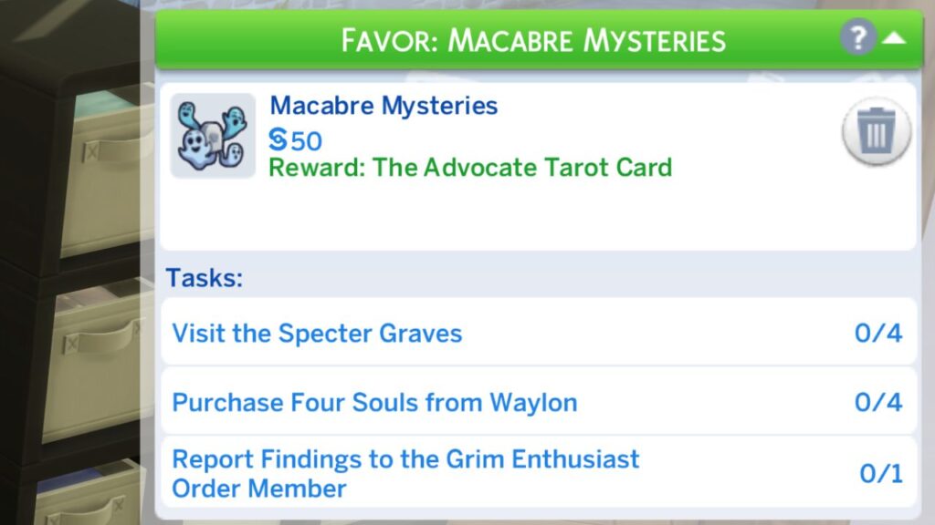 A screenshot from The Sims 4 showing the macabre mysteries favor tasks