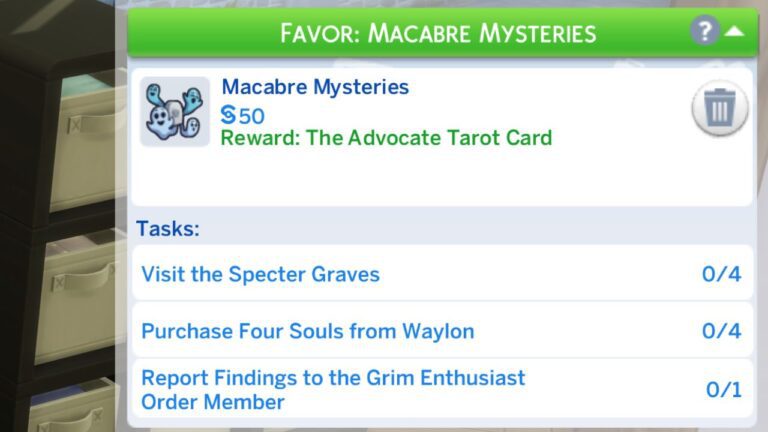 A screenshot from The Sims 4 showing the macabre mysteries favor tasks