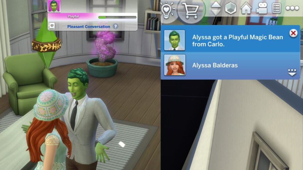 A screenshot from The Sims 4 showing a sim getting a magic bean from a plant sim